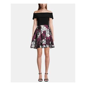 BETSY & ADAM Womens Black Floral Off Shoulder Mini FormalDress 10